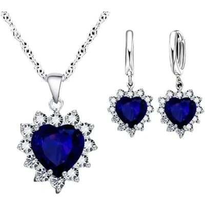 Image of FDEETY Jewellery Set for Women Crystal Heart Pendant Necklace Earrings Wedding Prom Jewelry Birthday Gifts (Blue)