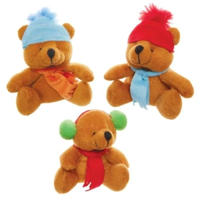 Image of Baker Ross FX599 Winter Teddy Bear Soft Toys Pack of 4, Christmas Party Bag Fillers for Kids