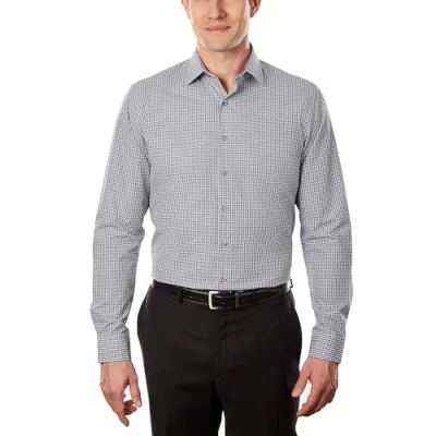 Image of Kenneth Cole Unlisted Men&#039;s Dress Shirt Slim Fit Checks and Stripes (Patterned), Grey, 16&quot; 16.5&quot; Neck 36&quot; 37&quot; Sleeve