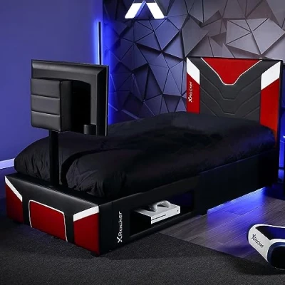 Image of X Rocker Cerberus Twist TV Gaming Bed with Rotating Mount, Storage and Cable Management, Single 3ft Low Sleeper Bedstead, Faux Leather Upholstery, Ideal for Kids Bedroom, 32&quot; Supported Red