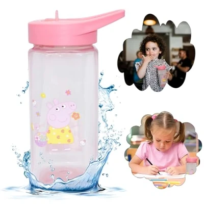 Image of Peppa Pig Water Bottle with Straw 420ml, 16cm Plastic Square BPA Free Sipper for Kids 6+ Months