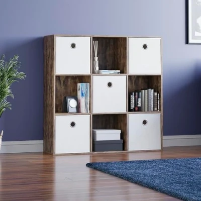 Image of Vida Designs Durham Cube Bookcase Storage Organiser Living Room Bookshelf Home Office Furniture (9 &amp; 5 White Baskets, Dark Wood)