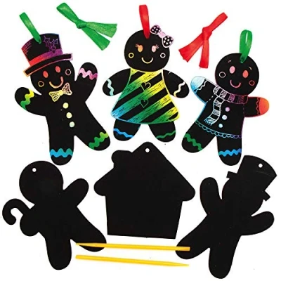 Image of Baker Ross Gingerbread Scratch Art Decorations Pack of 10 Christmas Decoration Craft Kit for Kids, Festive Activities Children (AX343)
