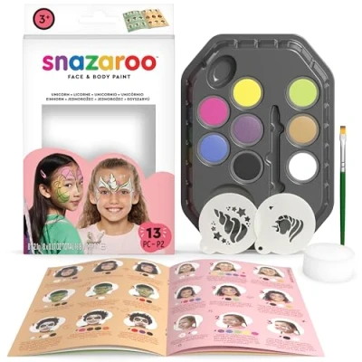 Image of Snazaroo Unicorns &amp; Butterflies Face Painting Palette Kit for Kids Adults, 8 Colours, 13pcs, Stencils, Brush, Sponge, Guide, Water Based, Easily Washable, Non Toxic, Makeup, Body Parties