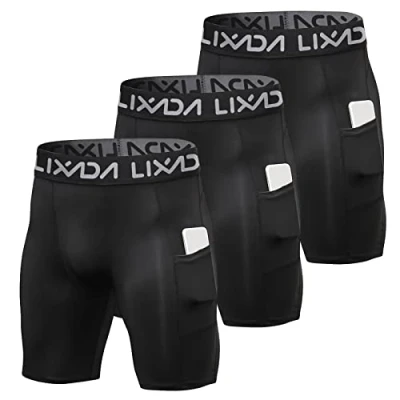 Image of Lixada Men&#039;s 3 Pack Performance Shorts Active Workout Underwear Base Layer Tights Short Leggings (Black&amp;Grey&amp;White(with Pockets), XL)