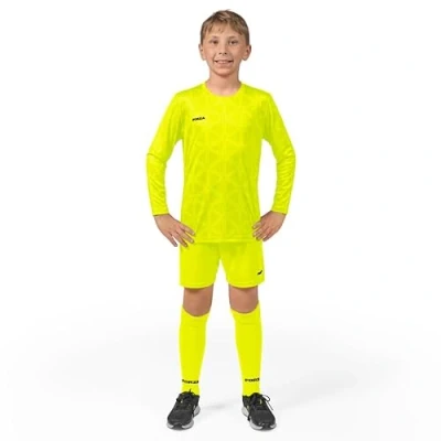 Image of FORZA Kids&#039; Goalkeeper Long Sleeve Kit Breathable &amp; Sweat Wicking Football Goalie Set Includes Shirt, Shorts Knee High Socks (Fluro Yellow, Age 13 14)
