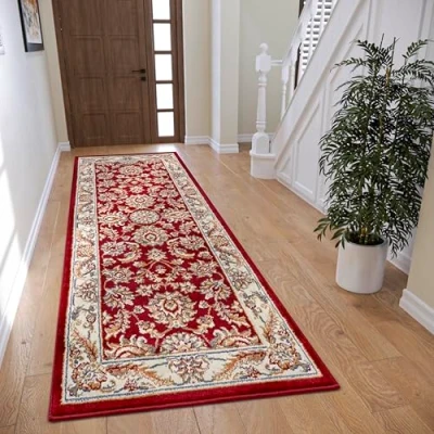 Image of HANSE Home Reni Oriental Rug Runner Classic Tightly Woven with Ornaments and Flower Motifs Soft Short Pile for Bedroom, Dining Room, Living Hallway Cream Red, 80 x 240 cm