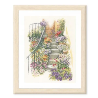 Image of Lanarte PN 0169680 Counted Cross Stitch Kit Flower Stairs (Linen), Fabric, Assorted, 32 x 22.5 2 cm