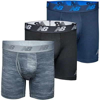 Image of New Balance Men&#039;s 6&quot; Boxer Brief Trunk Underpants Fly Front with Pouch Underwear 3 Pack, Black/Pigment/Steel Woodgrain, X Large