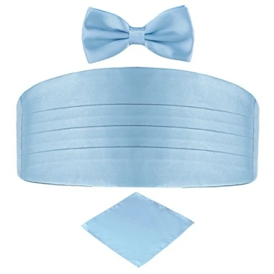 Image of DonDon Men&#039;s triple pack with colour coordinated cummerbund bow tie breast pocket handkerchief perfect for special occassions Light blue