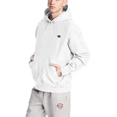 Image of Champion Men&#039;s Hoodie, Reverse Weave, Fleece Comfortable Pullover Sweatshirt, White/Left Chest C Logo, Small