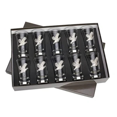 Image of Farm Cottage Brands Deluxe Boxed Set of 10 Numbered Flying grouse/Partridge Sloe Gin Shot Glasses Game Shooting Peg Finder