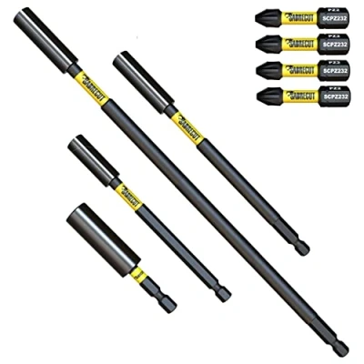Image of 8 Piece SabreCut SCRK10 Magnetic 60mm 100mm, 152mm and 305mm Professional Impact Bit Holders with 4 x 32mm PZ2 Screwdriver Bits Compatible Dewalt, Milwaukee, Makita, Bosch Others