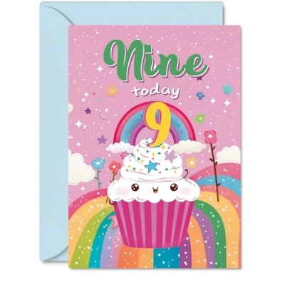 Image of 9th Birthday Card Girl Cupcake Rainbow Happy for 9 Year Old Girl, Age Girls Cards, A5 Bday Greeting