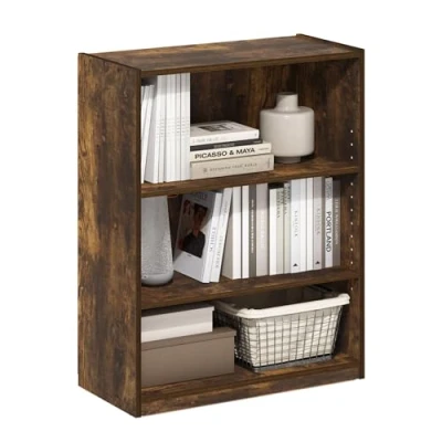 Image of Furinno Gehry 3 Tier Bookcase, Bookshelf with Adjustable Shelves, Amber Pine