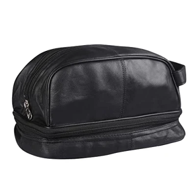 Image of RAS Wallets Mens Ladies Large Genuine Leather Travel Overnight Wash Gym Toiletry Cosmetic Shaving Bag with Carry Handle 3530 (Black)