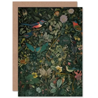 Image of Artery8 Butterflies and Birds on Flowering Shrub Folk Art Nature Birthday Sealed Greeting Card Plus Envelope Blank inside