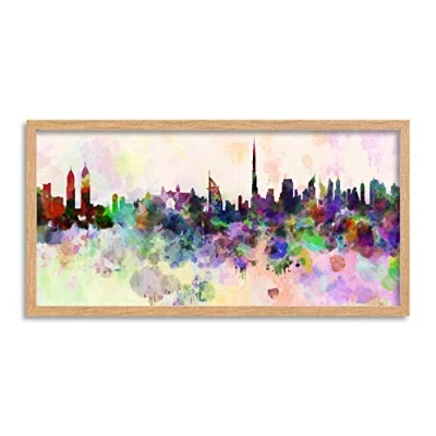 Image of Wee Blue Coo Dubai Skyline Paint Splash Cityscape Long Panel Framed Wall Art Print