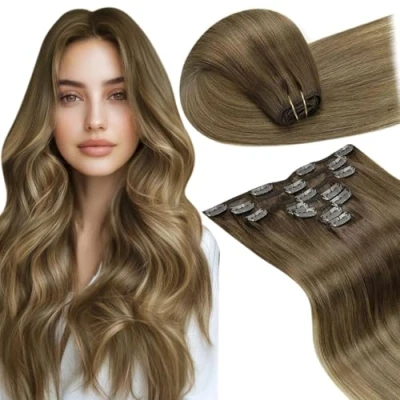 Image of LaaVoo Clip in Hair Extensions Real Human 18 Inch 7pcs 120g Brown Shadows to Light Seamless Remy #6/8/14