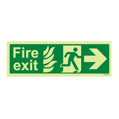Image of V Safety Glow In The Dark NHS Fire Exit Arrow Right Sign 300mm x 100mm Self Adhesive Vinyl