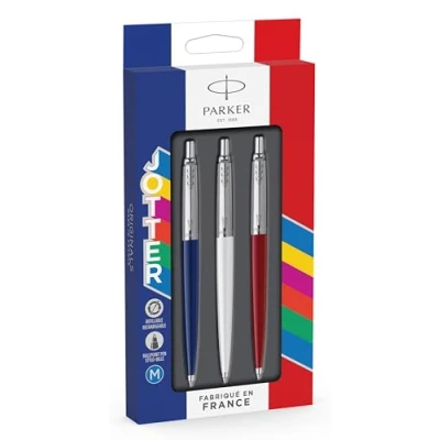 Image of Parker Jotter Originals Ballpoint Pens Limited Edition France Trio Pack Blue, White &amp; Red Barrels Blue Ink Set of 3