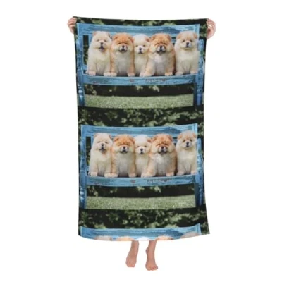 Image of VHPNWJOB Chow Cute Dogs Five Puppies, Beach Towel Highly Absorbent Microfiber Blanket Soft Bath Towels 80 x 130 cm