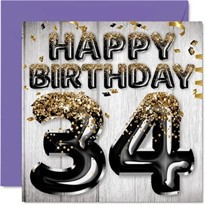 Image of 34th Birthday Card for Men Black &amp; Gold Glitter Balloons Happy Cards 34 Year Old Man Friend Brother Dad Uncle, 145mm x Thirty Four Fourth Bday Greeting Gift