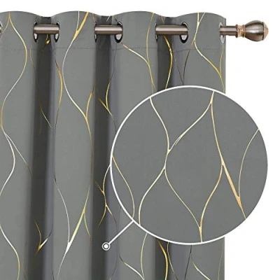 Image of Deconovo Grey Curtains, Eyelet Blackout Gold Wave Foil Printed Curtains for Living Room, 46 x 90 Inch (Width Length), Grey, One Pair