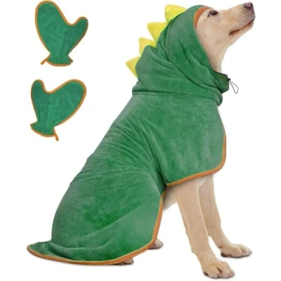 Image of Bibykivn Dog Bathrobe, Microfiber Clothing Soft Towel for Dinosaur Animals, Drying Your After Swimming and Bathing (Green, M)