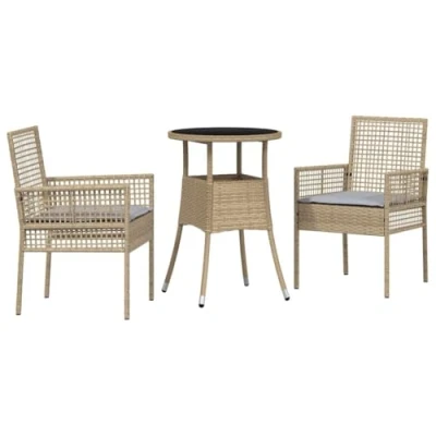 Image of vidaXL 2 Seater Beige Wicker Patio Dining Set Round Table with Chairs Outdoor Balcony &amp; Garden Furniture Weather Water Resistant