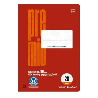 Image of Staufen premio exercise book, 10 notebooks, 16 sheets each, DIN A5, ruling 28 (5 mm squared with margins), 90 g/m² recycled paper, round corners prevent donkey ears