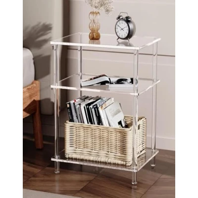 Image of Acrylic Side Table Clear 3 Tier End for Living Room, Office, Hallway, Bedroom Small Bedside