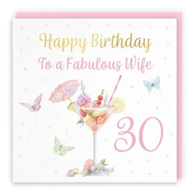 Image of Hunts England 30th Wife Pink Cocktail And Butterflies Birthday Card Luxury Gold Foil Milo&#039;s Gallery Age 30 Drinks, Flowers, Hearts Elegant For Thirty