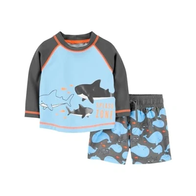 Image of Simple Joys by Carter&#039;s Baby Boys&#039; Swimsuit Trunk and Rashguard Set Rash Guard, Black/Sky Blue Whales, 18 Months