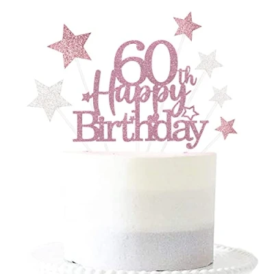 Image of Glittery 60th Happy Birthday Cake Topper with Star,60 Toppers Party Decorations Supplies for Women Rose Gold