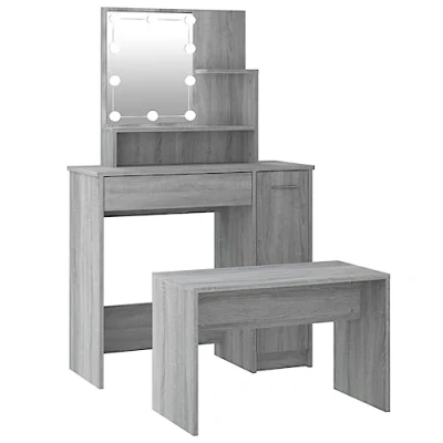 Image of vidaXL Dressing Table Set with LED Lights Grey Sonoma Engineered Wood Ample Storage Space Stool Perfect for Bedroom, Cloakroom