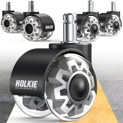 Image of HOLKIE Office Chair Wheels 11x22mm Universal Fit 2 Inch Castors Replacement, Grey Dual Rubber Smooth &amp; Silent Casters Set of 5 For Hardwood Carpet Floors Computer Gaming Desk Rollers