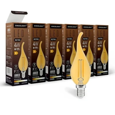 Image of SINCELIGHT E14 LED Retro Filament Bulb, Vintage Flame Like Candle 4W, 440lm Equivalent to 50W, Amber, Extra Warm White 2500K, SES Small Edison Screw, Pack of 6