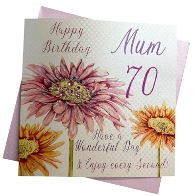 Image of white cotton cards Pink Gerbera, Happy 70 mum Have a Wonderful Day Handmade 70th Birthday Card, White, wba70