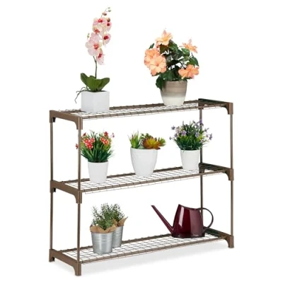 Image of Relaxdays Plant Rack, 3, Stand for Flowers &amp; Pots, Metal Plastic, HWD: 72x91x28 cm, Shelving Herbs, Brown, Steel