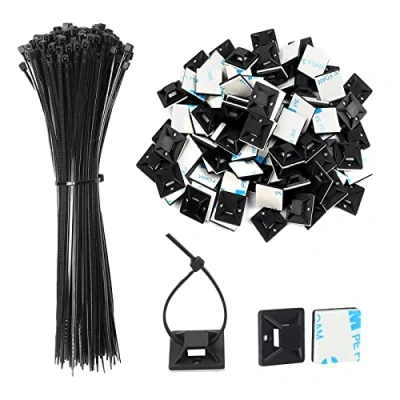 Image of JatilEr 200 Pack Zip Tie Adhesive Mounts Self Cable Base Holders with Multi Purpose Tie, Sticky Pads Black (Zip Ties Length 150 mm, Mount Width 18 mm)