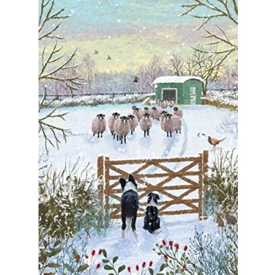 Image of Museums &amp; Galleries Charity Christmas Cards Snow on the Farm Dogs and Sheep Eco Friendly Recyclable Pack of 8