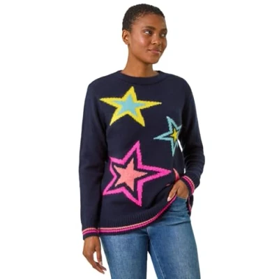 Image of Roman Originals Jumper for Women UK Ladies Winter Autumn Casual Pull On Round Crew Neck Long Sleeve Comfy Work Dinner Party Everyday Colourful Longline Stylish Navy Pink Size 14