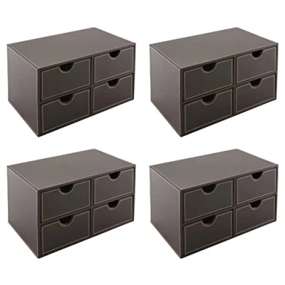 Image of OSCO Brown Faux Leather 4 Drawer Chest Pack Stationery Organiser Stackable Makeup Container Jewellery Box Not A4 Size H18.5 x W33 D20.5 cm