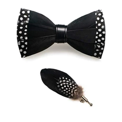 Image of JEMYGINS Handmade Black Feather Pre tied Bow tie and Brooch Sets for Men (16)