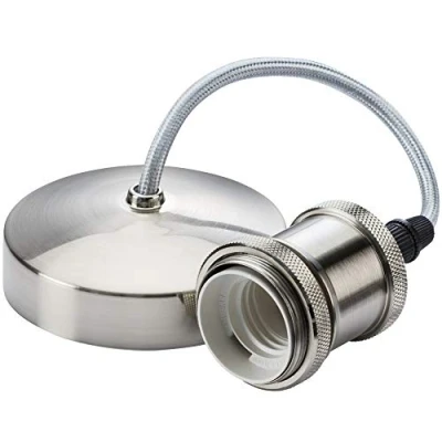 Image of Braided Flex ES E27 Lamp Holder Pendant Brushed Chrome Ceiling Rose with 1.5mm 6&quot; Inch Cable Vintage Modern Hanging Light
