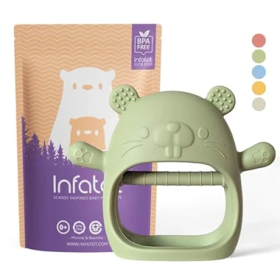 Image of Infatot® Teething Toys for Baby Teether, New Infant Silicone Chipmunk Teether Mitten Glove Prevents Finger Sucking, Teethers Babies, Babies CM Olive
