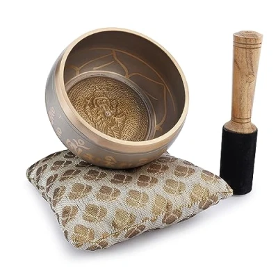 Image of Ajuny Tibetan Singing Bowl Set Handcrafted Meditation Brass Sound with Stick and Cushion for Yoga, Chakra Healing, Mindfulness Stress Relief Spiritual Gifts Beige