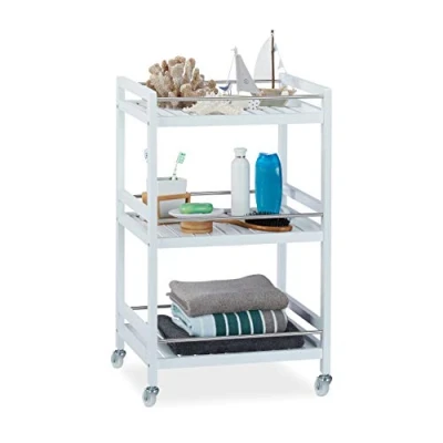 Image of Relaxdays Bamboo Serving Cart, 3 Tiers, 360 Casters, Stainless Steel Rails, Kitchen Trolley, White, HWD: 76.5x46x38 cm