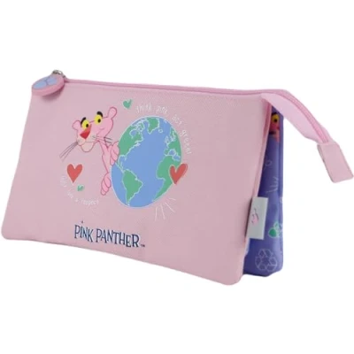 Image of DOHE School Pencil Case 3 Compartments Zipper Closure, Official License, Durable Polyester, 23x12x2.5 cm, Supplies Pink Panther ecoPink